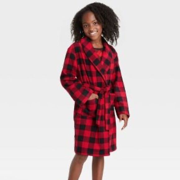 100% Polyester Kids Buffalo Check Print Cozy Fleece Robe pajama sleep red black - Picture 1 of 4
